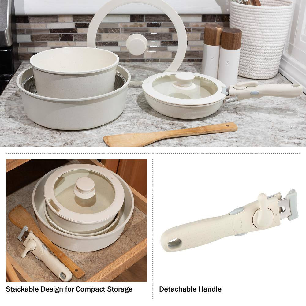 8-Piece Aluminum Cookware Set with Handle in Cream