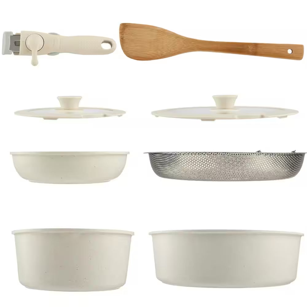 8-Piece Aluminum Cookware Set with Handle in Cream